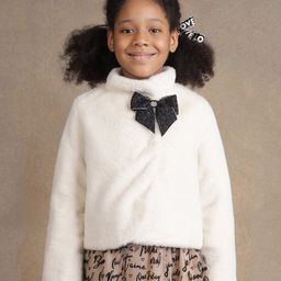 One Friday Full Sleeves Bow Detailed High Neck Collar Fur Jacket - Off White-image-57