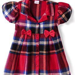 Babyhug Cotton Knit Half Puffed Sleeves Checkered Collared Winter Frock with Bow Applique - Dark Red-image-70