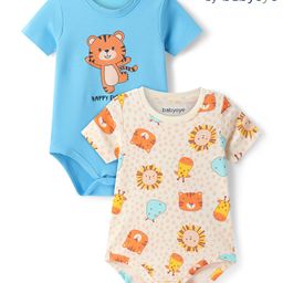 Babyoye 100% Cotton Knit Half Sleeves Eco Jiva Finish Onesies with Tiger Print Pack of 2 - Light Blue & Cream-image-109