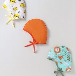 OHMS Interlock Knit Tie Knot Caps with Jungle Theme Print Pack of 3 Orange Light Blue & White - Diameter - 11 cm-5