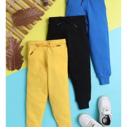 Knitting DoodlesPure Cotton Terry Pack Of 3 Solid Pants - Yellow Blue & Back-image-106