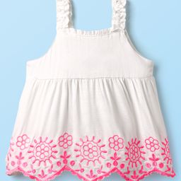 Babyhug Woven Sleeveless Top With Floral Embroidery - White-image-26