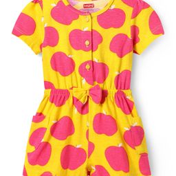 Babyhug Cotton Knit Half Sleeves Jumpsuit with Apple Print & Bow Applique - Yellow-image-40