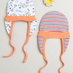 BUMZEE Cotton Pack Of 2 Striped & Animals Printed Tying Caps With Ear Flaps - Orange & Multi Colour-23