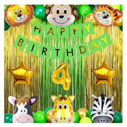 Bubble Trouble 4 Gold Balloons with Jungle Theme Birthday Decoration Items or Kit Light Green Paper Banner(Cardstock) Set of 13 Letters with 40 HD Metallic Dark Green Light Green & Gold Balloons-11