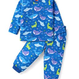 Babyhug Cotton Knit Full Sleeves Night Suit Shark Print - Blue-image-96