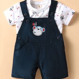 ToffyHouse Cotton Knit Dungaree & Half Sleeves Inner Tee with Bear Print & Embroidery - Navy Blue & White-image-44