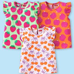 Babyhug Cotton Knit Frill Sleeves Fruits Printed Tops Pack of 3 - Orange Light Green & White-image-74