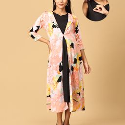 The Mom Store Cotton Rayon Solid Dress With Nursing Access & Three Fourth Sleeves Floral Printed Shacket - Multi Colour-picture-39