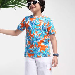Ollington St. Cotton Knit Half Sleeves Floral Printed T-Shirt & Shorts Set - Orange & White-picture-23