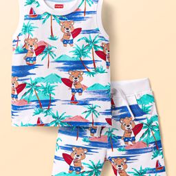 Babyhug Single Jersey Knit Sleeveless Tank T-Shirt & Shorts Co-Ord Set With Teddy Bear Print - White-image-96