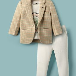 Dapper Dudes Full Sleeves Checked Blazer With Typography Printed Tee & Bottom - Orange-image-7