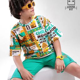 OLLINGTON ST. Cotton Half Sleeves Drop Shoulder Beach Theme Printed T-Shirt & Knit Shorts - Yellow & Light Green-picture-22