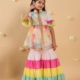Pspeaches Organza Half Bell Sleeves Abstract Printed Lace Embellished Kurta Sharara Set - Multi Colour-picture-49
