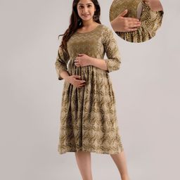 CeleBravo Rayon Three Fourth Sleeves Paisley Printed Maternity Dress With Nursing Access - Green-image-29