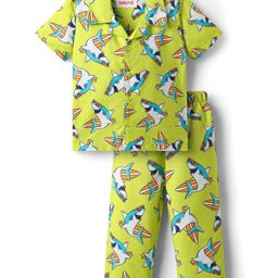 Babyhug Cotton Woven Half Sleeves Co-ords Night Suit With Shark Print - Lime Green-image-94