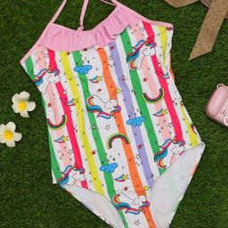 Yellow Bee Sleeveless Magical Unicorn Printed One Piece Swimsuit - Multi Colour-image-51