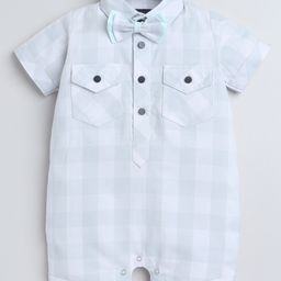 Polka Tots Cotton Half Sleeves Checked Shirt Style Romper With Set - Green-image-12