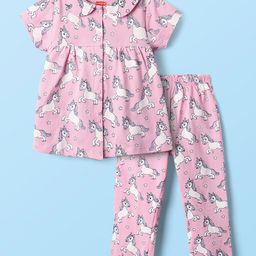 Babyhug Cotton Knit Half Sleeves Co-ords Front Open Night Suit with Unicorn Print - Pink-image-74