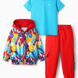 OLLINGTON ST. Cotton Knit Full Sleeves Guitar Print Hooded Jacket & Jogger with Knit T-Shirt - Light Blue & Red-image-12