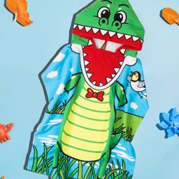 Yellow Bee Dinosaur Designed Hooded Poncho Towel - Blue & Green-2