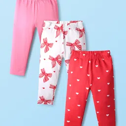 Babyhug Cotton Knit Full Length Leggings With Floral Print Pack Of 3 - Pink Red & White-picture-1