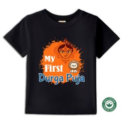 BLUSHES 100% Cotton Knit Durga Puja Theme Half Sleeves My First Durga Puja Text Printed Tee - Black-picture-39