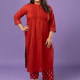 Sizeupp Printed Pure Cotton Plus Size Mandarin Collar Top with Trousers Co-Ords-picture-2