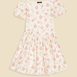 Allen Solly Junior Girls Floral Printed Puff Sleeves Pure Cotton Drop-Waist Dress-picture-42