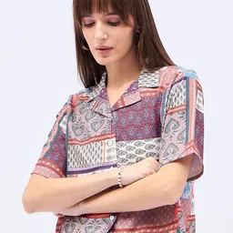 DressBerry Women Print Satin Shirt Style Crop Top-picture-37