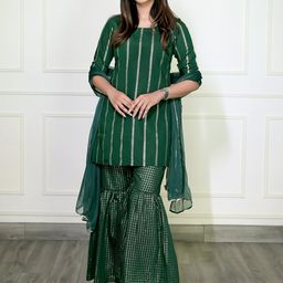 Libas Green Striped Kurti With Sharara & Dupatta image 1