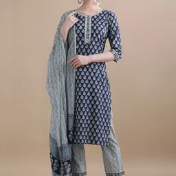 Jaipur Kurti Navy Blue Ethnic Motifs Printed Mirror Work Pure Cotton Kurta Set-51