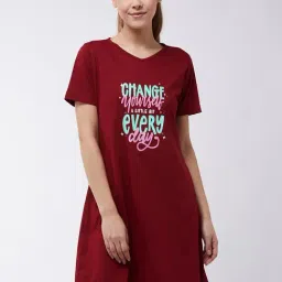 Miss Chase Maroon Cotton Printed Night Dress-picture-24