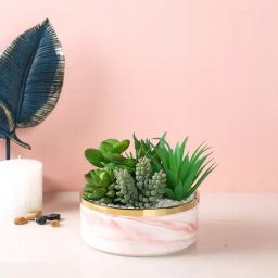 Tayhaa Pink Plastic Croton Artificial Plant with Pot-0