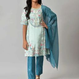 Aurelia Kids Sea Green & Blue Floral Print Kurta, Pants with Dupatta-image-71