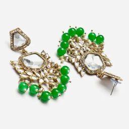 Zeneme Gold Plated Mirror Studded Kundan Classic Green Pearl Dangler Earrings image 5