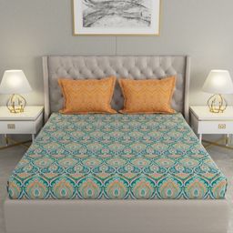 Raymond Home Teal & Orange Ethnic Printed 120 TC Cotton Queen Bedsheet Set 2.29m x 2.54m-image-60