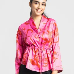 SHAYE Pink Shawl Collar Floral Print Three-Quarter Sleeves Casual Shirt For Women-image-94