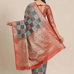 Blissta Grey & Red Woven Saree With Unstitched Blouse image 2