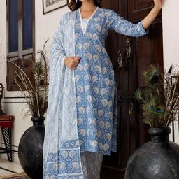 Indo Era Floral Printed Pure Cotton Kurta With Trousers & Dupatta-picture-42