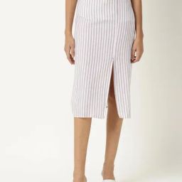 RAREISM Purple Linen Striped Skirt-image-15