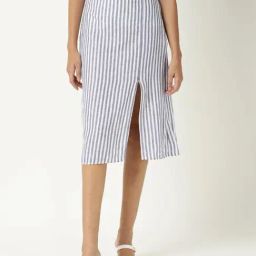 RAREISM Blue Linen Striped Skirt-image-13