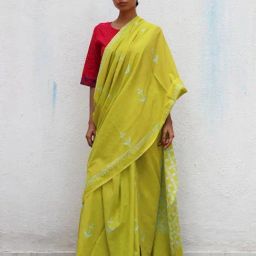 Chidiyaa Lime Green Paakhi Lady Handblock Printed Cotton Saree-picture-22
