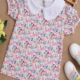 BRIGHT STARS KIDSWEAR Girls Floral Print Puff Sleeve Peter Pan Collar Top-image-86