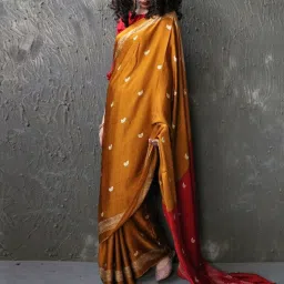 Chidiyaa Yellow & Red Block Printed Modal Silk Saree image 2