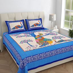 Monik Handicrafts Blue & Yellow Printed 144 TC Cotton King Bedsheet Set 2.28 m x 2.62 m-image-31