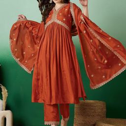 KALINI Women Ethnic Motifs Embroidered A-Line Kurta with Trousers & Dupatta-image-80