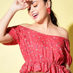 BAESD Floral Print Sweetheart Neck Puff Sleeve Cinched Waist Top-97