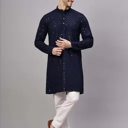 Yugnik Men Chikan Embroidery A-line Kurta (Dark Blue)-image-82