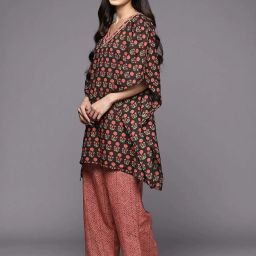 Libas Black & Maroon Cotton Printed Kaftan and Pyjamas Set image 2